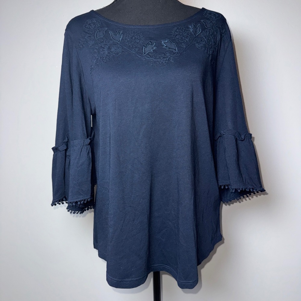 Lauren Ralph Lauren M Navy Blue Embroidered Bell Sleeve Pom Pom Trim Top Office